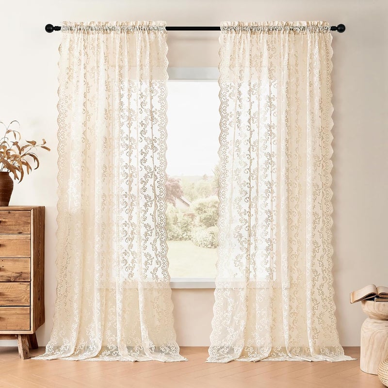 FOLKSIDE Beige Lace Curtains 102 Inches Long 2 Panels Vintage Paisley Sheer Lace Curtains for Living Room Bedroom Rod Pocket Light Filtering Large Window Privacy Decor for Dining Room Neutral Drapes, 52x102 - Image 1